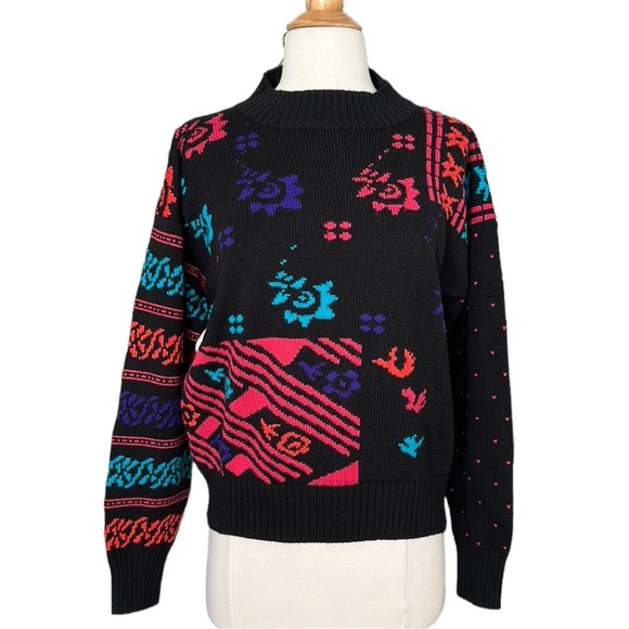 OSSI Skiwear Vintage Sweater 80s Wool Blend Black Pullover Made in Hong Kong M - Picture 3 of 16